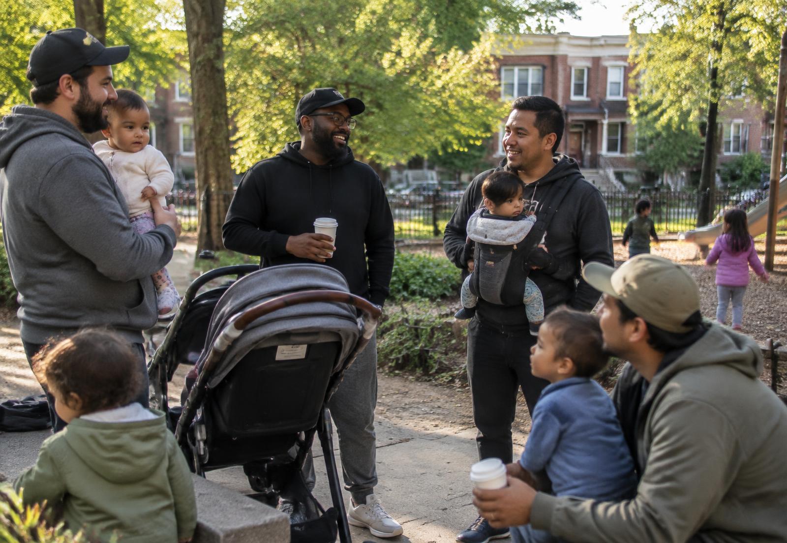 Dads and young children gathering in an Avondale-style Chicago park